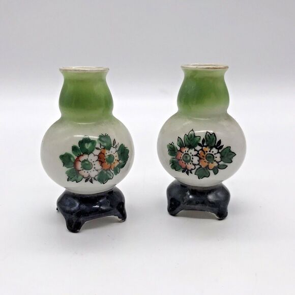Pair Vintage Vase H KATO Miniature Footed Green Floral Occupied Japan Signed - Picture 2 of 9